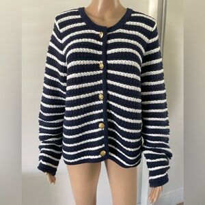 New Gap Chunky Fisherman Striped Navy Blue Cardigan Sweater Gold Buttons